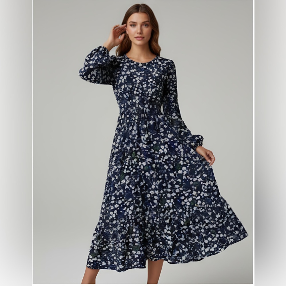 Boho Lantern Long Sleeve Floral Dress Blue